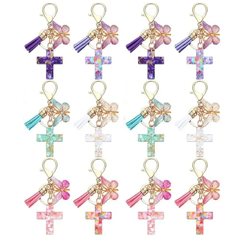 12-Pack Resin Cross Butterfly Charm Keychains with Tassel & Lobster Clasp, Colorful Glitter Decorative Keyring Key Ring Pendant, Bag Charms for Purse Handbag Ornament Backpack Accessory