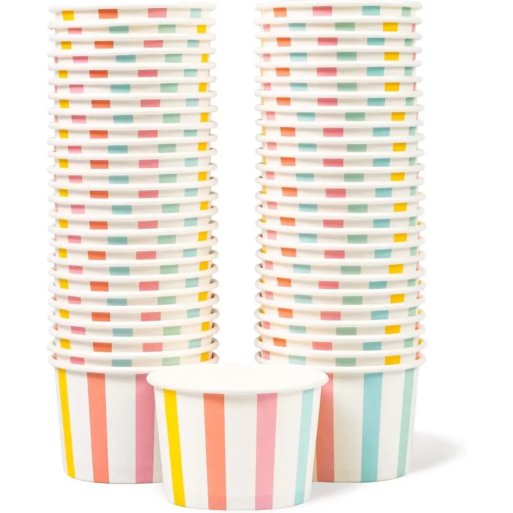 Paper Ice Cream Cups-50 Count 4 Oz Disposable Dessert Bowls for Hot or Cold Food, 4 Ounce Party Supplies Treat Cups for Sundae, Frozen Yogurt, Soup, with Pastel Stripes