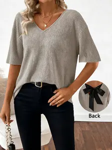 Women's 1pc Ribbed V-Neck Short-Sleeve Blouse , Soft Elastic Stretchy Knitted Knit Fabric & Adjustable Back Bow Tie Detail & Relaxed Oversized Silhouette & Curved Hem Design (Minimalist Casual Chic Style) Tops Womenswear
