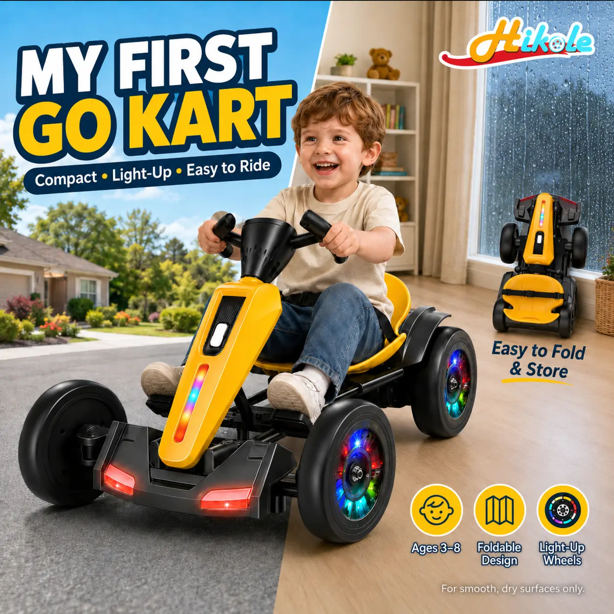 Hikole 12V Foldable Kids Go Kart, Light-Up Wheels, LED Headlights, Music, Adjustable Seat, Portable Ride-On Kart for Ages 3-8 mini trike dual motor early education function
