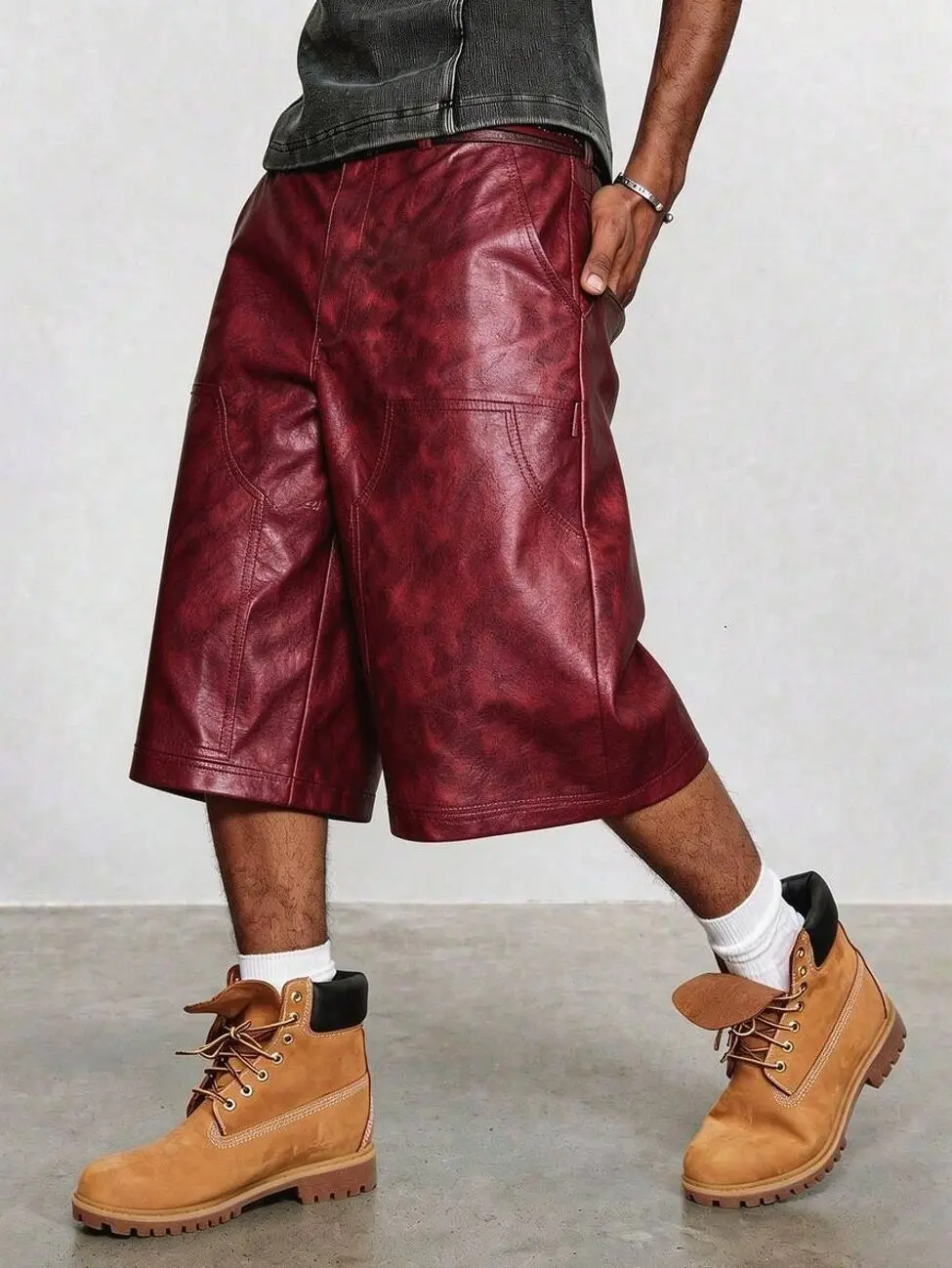 Men’s clothes - Men's PU Leather Bermuda Shorts, Loose Wide Leg Streetwear, Casual Fashion Aesthetic Wear vacation outfits men's clothing mens clothing male clothing trending clothes y2k clothing streetwear clothing