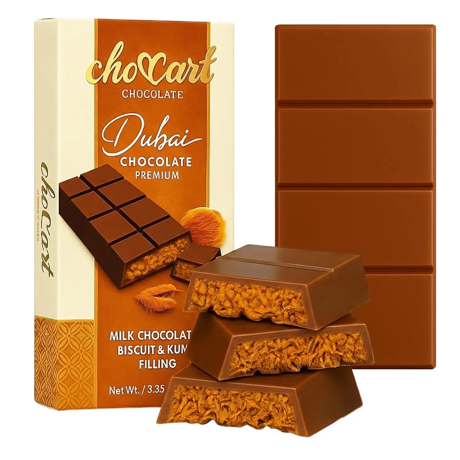 ChocCart Dubai Biscuit-Filled Milk Chocolate Bar with Kunafa, Premium Snack Dessert, Viral Knafeh Style, Luxury Gift Box, 3.35 oz (95g), Made in Dubai (1 Pack), Cocoa