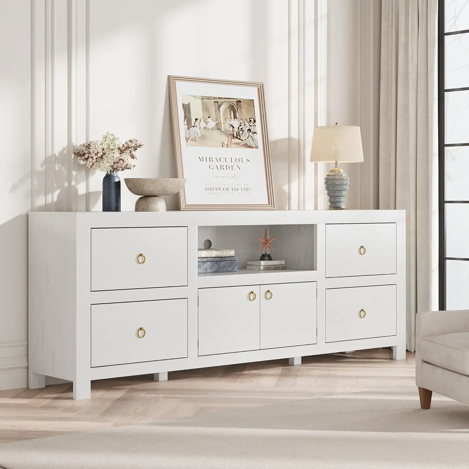 Farmhouse TV Stand for 75/80 Inch TVs Long Entertainment Center with 6 Storage Drawers Soundbar Shelf White Television Consoles Stands for Living Room Bedroom