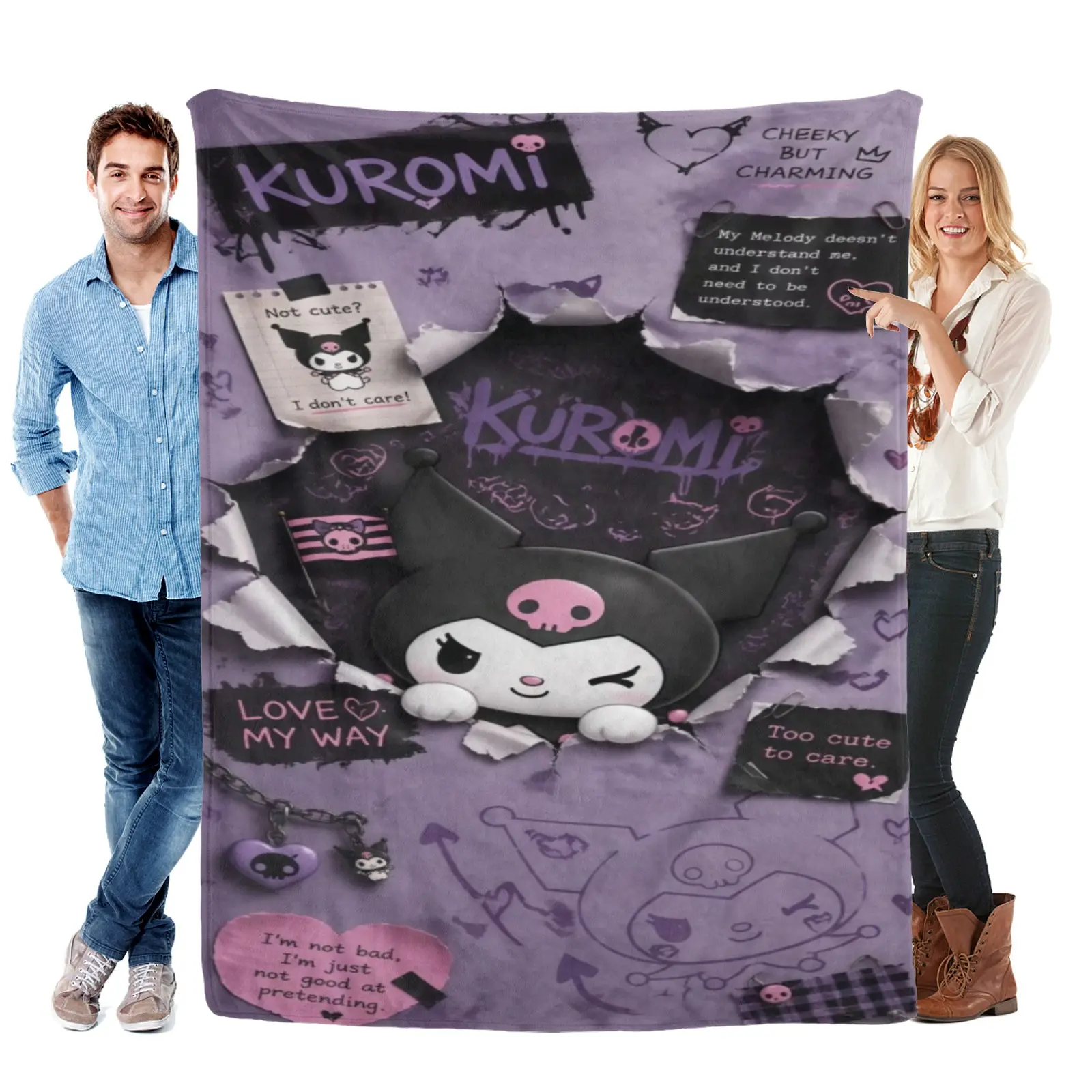 Sanrio Kuromi Big Head Heart Print Blanket, Soft Flannel Anime Blanket For Kuromi Bedding Set, Anime Fans Teens