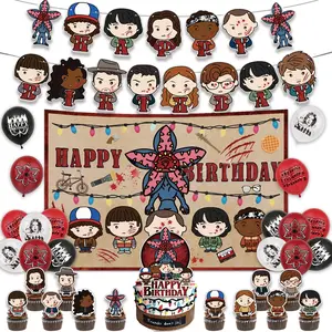 Popular TV series-themed birthday decorations, cute birthday party decorations, including 1 banner, 1 backdrop, 1 cake decorating topper, 12 dessert decorations and 16 latex balloons.
