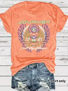 Women's Printed Rock Heritage Top, Journey Don't Stop Believin' 1981 Print, Short Sleeve Round Neck Casual Shirt, Medium Stretch