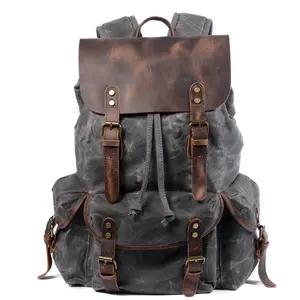 Men's Vintage Leather Backpack Waterproof Wax-dyed Canvas Large Capacity Travel Bag for Laptops & Essentials Bookbag