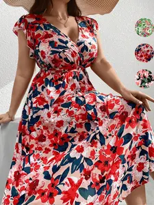 Plus Size Women's Dress, Floral Vacation Style Big V Neck Design, Casual Fitted Spring & Fall Fashion, Plain Pattern