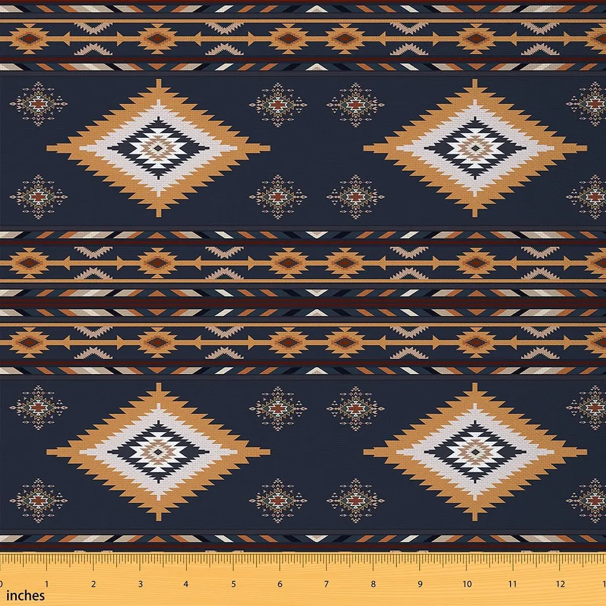 Feelyou Navy Blue-Yellow Waterproof Polyester Woven Printed Fabric by the Yd, 1 Yd All Over Print Southwestern Indian Tribal Textile for Ottoman, Outdoor DIY Home Projects, Cut Fabric with Retro Exotic Look, Handbag