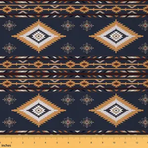 Feelyou Durable Southwestern Pattern Fabric by the Yd, 1 Yd Navy Blue-Yellow Waterproof Upholstery Textile, Indian Tribal Design with Retro Exotic Look, Durable Fabric