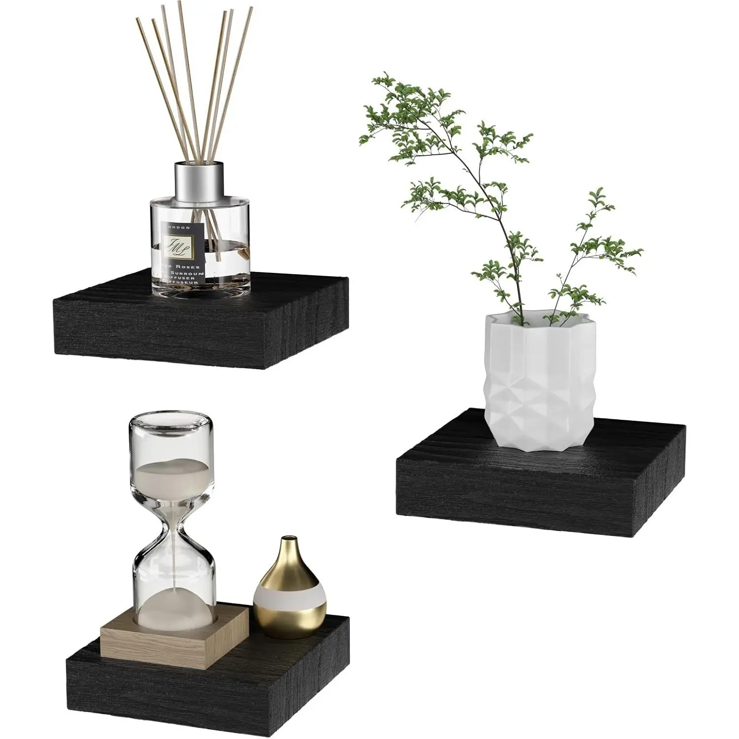 4-Inch Mini Black Square Floating Wall Shelves (Set of 3) - Easy Installation Home Decor Shelves for Bedroom, Living Room, Kitchen, Shelf