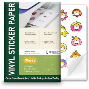 Glossy Printable Vinyl Sticker Paper for Inkjet & Laser Printer - 30 Sheets - 8.5" x 11" - Waterproof, Dries Quickly Vivid Colors