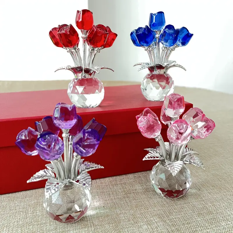 Exquisite Crystal Glass Rose Sculpture - Glam Sparkling Floral Ornament with Leaves, Red/Blue/Pink Home Decor Statue, Living Room Multi-functional Accessory, Christmas Fruit Display Gift for Mothers