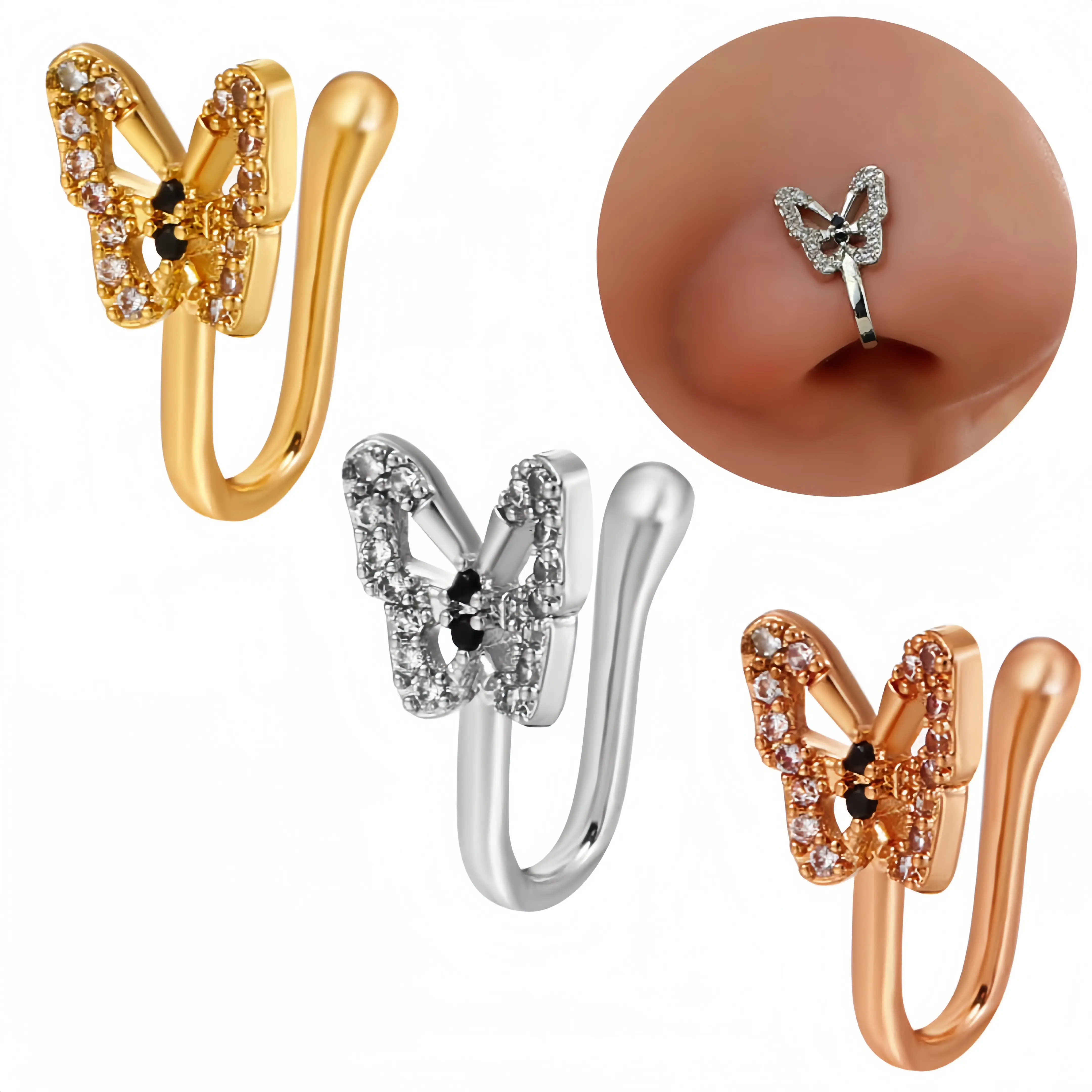 HERVAY Butterfly Design Fake Nose Ring - Stainless Steel Silver Gold Rose Gold - Unisex Jewelry for Women Men - Elegant & Versatile Fashion Accessory