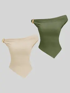 Summer Elegant Chic One Shoulder Metal Buckle Halter Top Irregular Hem Two Piece Matching Set, Slim-Fitting Plain Blouse for Women, Womenswear