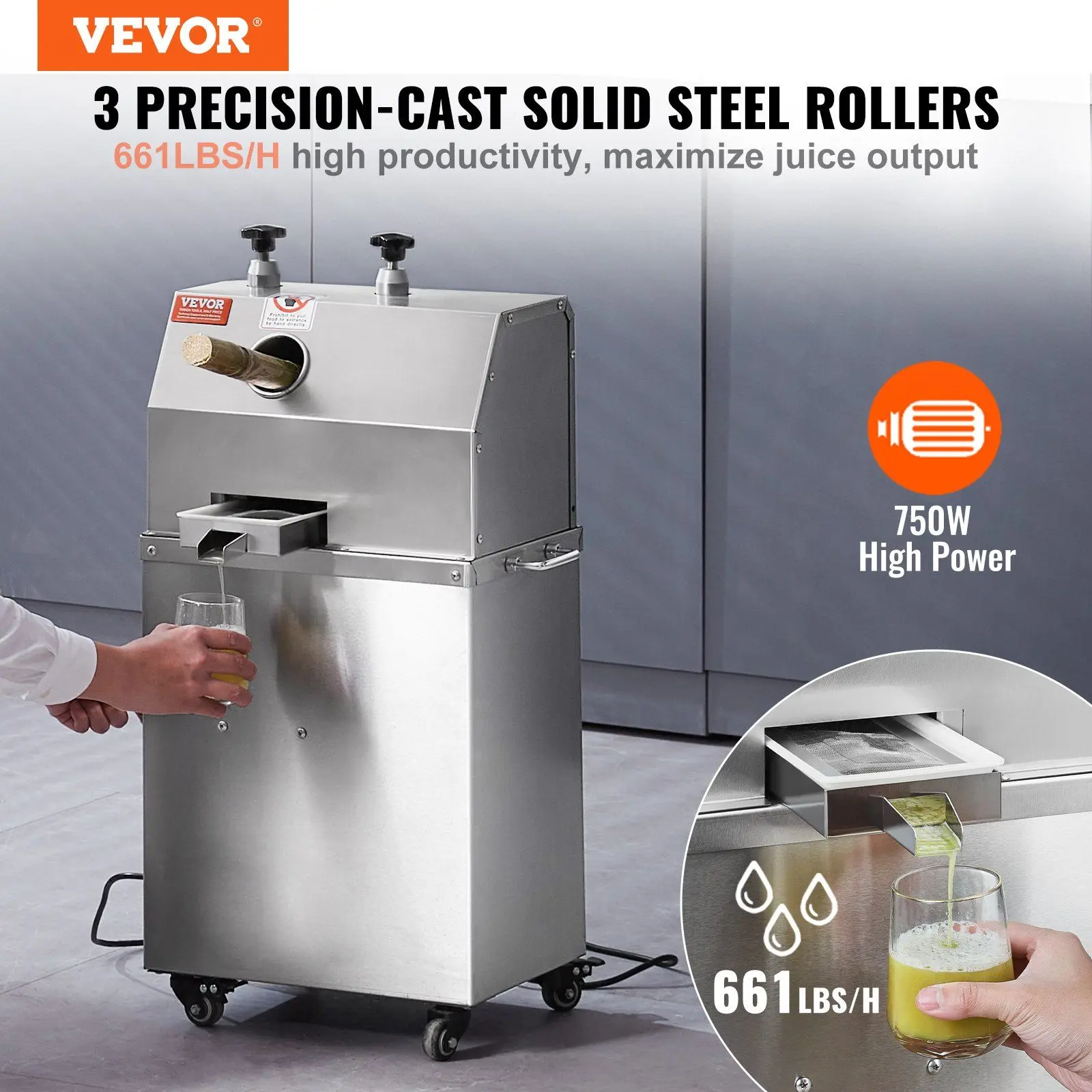 VEVOR High Power Motor Electric Sugarcane Juicer, 750W Rust-Resistant Machine with 661LBS/H Output, 3 Stainless Steel Rollers, 2.4" Large Inlet, High-Density Large Filter Mesh, Wheel-Mounted Extractor for Home/Outdoor Stalls