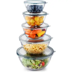 5pc Glass Mixing Bowls with Lids Set (4.65QT, 2.80QT, 1.64QT, 1.16QT, 0.85QT), Nesting Salad Bowl, Large Glass Mixing Bowl for Cooking Baking Prepping - Dishwasher Microwave Freezer Safe