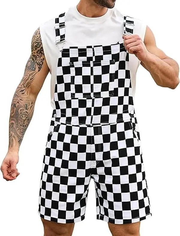 ODEFOU Overall Shorts, Unisex Casual Checked Print Denim Shortalls with Adjustable Straps and Pockets for Summer Festivals