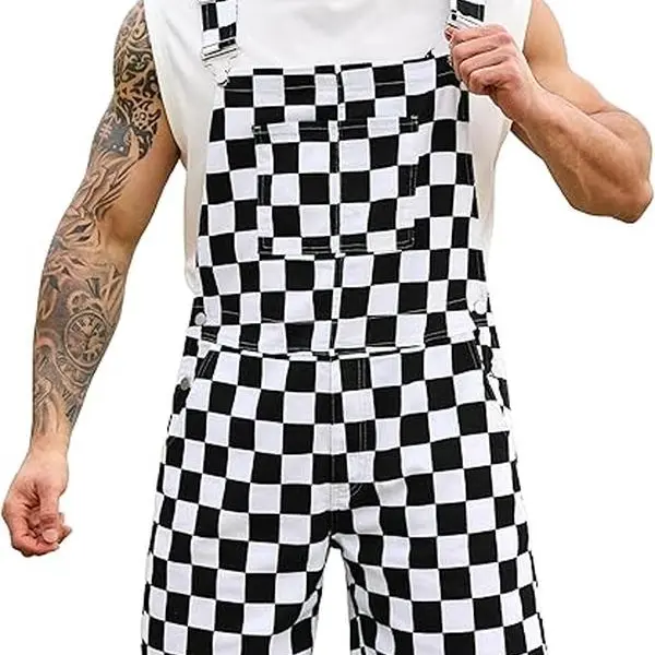 ODEFOU Football Season Unisex Checkered Overalls Shorts Women's & Men's Stretch Plaid Print Game Outfit Fashion Jean Jumpsuit Cute Denim Bibs Coveralls for Tailgates Party Menswear Womenswear Teacher OOTD 2026 Autumn Vibes Trends Style