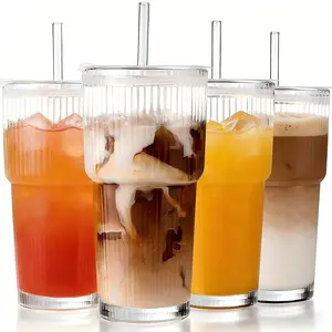 Set of 1/2/4 MHDCLY 20oz Ribbed Glass Tumblers with Lids & Straws Durable Reusable Leak-ProofTravel-Ready for Iced Coffee Smoothies JuiceCocktails Washable Stylish Drinkware