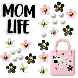 24pcs Bogg Bag Accessories White Pearls and Colorful Flowers Decoration Charms Black Momlife Insert Charm Clasp Women Gifts for Simply Southern Beach Bag Tote Bags Handbags