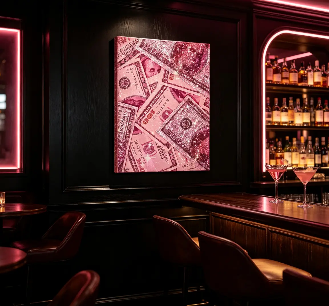 Stylish bright pink cash canvas painting, luxurious preppy dorm room decoration, inspirational rich girl poster, charming and aesthetically pleasing dollar bill pattern, glamorous salon and dressing table wall decoration, home wall decoration.