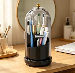 Black Edition 360° Rotating Dustproof Toothbrush & Toiletries Organizer with Cover, Removable Water Tray, and 180° Sliding Door