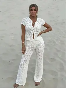 Women's Crochet Two-Piece Set, Short Sleeve Button Open Front Top & Wide Leg Pants, Hollow Out Knit Beach Cover-Up, Casual Summer Vacation Wear