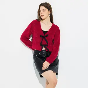 Women's V-Neck Bow Tie Cardigan Sweater - Wild Fable Red XL