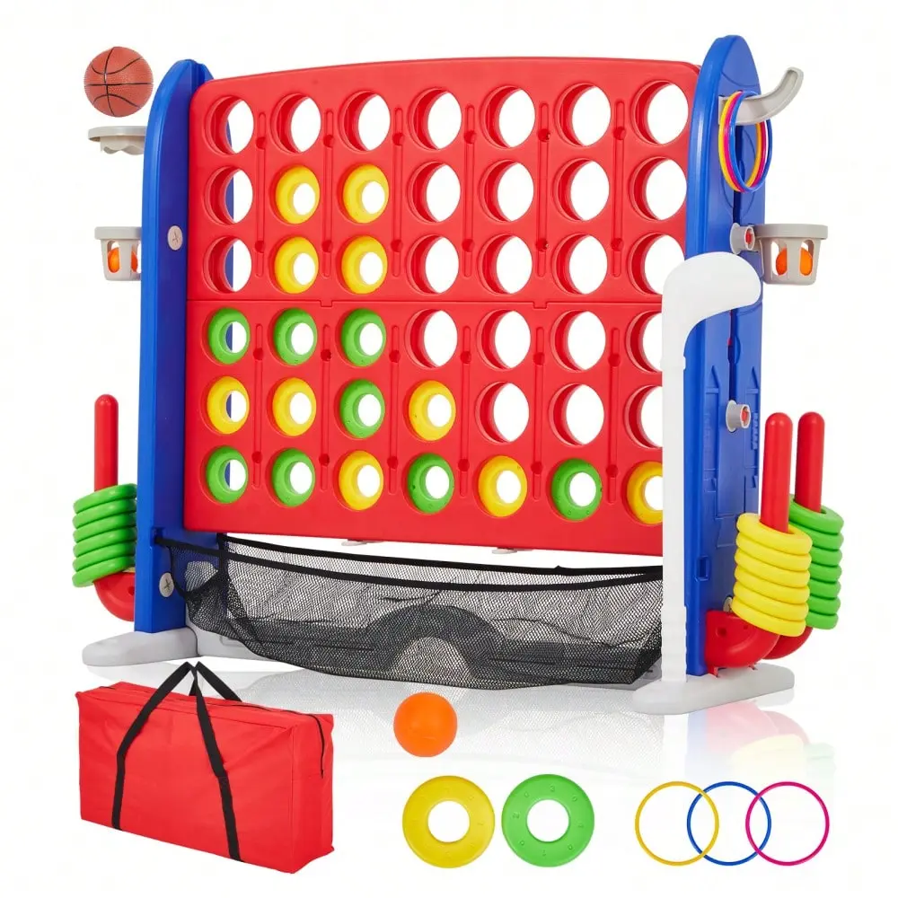 Gaomon 4-In-A-Row Strategy Board Game Set - 3-Level Height Adjustable 4-To-Score Game with Golf, Basketball & Ring Toss, PE Frame Outdoor Play Set, Ideal for Family Holiday Parties, Strategy Board Games