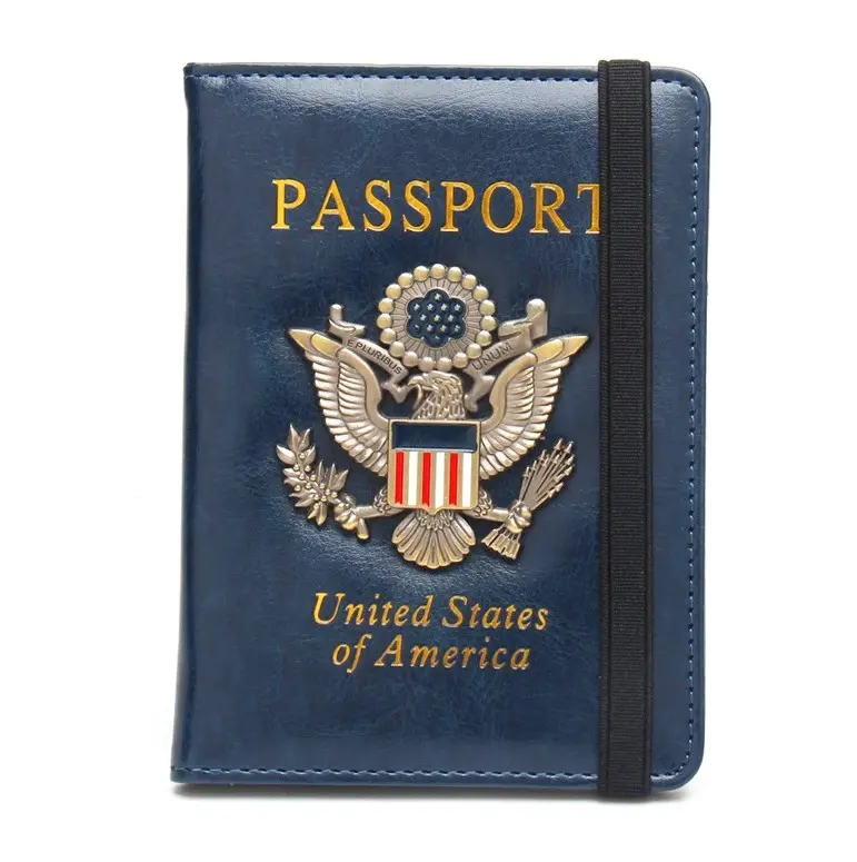 Minimalist RFID Blocking Passport Holder Wallet Cover Case for Women Men Family 3D Metal US Logo PU Leather Travel Wallet with Multiple Pockets