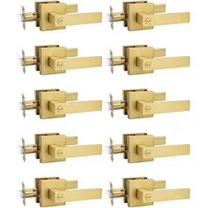 10 Pack Heavy Duty Gold Square Privacy Interior Door Levers, Satin Brass Finish, Keyless Bedroom Bathroom Door Handles Bed/Bath Lockset