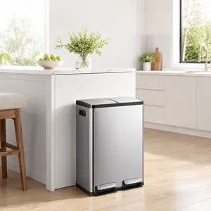 "60L / 16 Gallon Hands-Free Kitchen Trash Can – Dual Compartment Recycling Bin with Soft-Close Lid, Brushed Stainless Steel, Removable Plastic Buckets (2 x 8 Gallon), Large Rectangular Step Trash Can for Home"