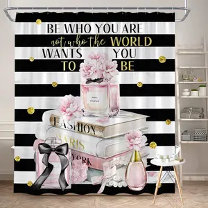 1Pc Fashion Inspirational Shower Curtain with Pink Peonies and Perfume Bottles on Striped Background Polyester Fabric Bath Curtain Bathroom Decor 70.8x70.8 Inch with 12 Hooks Bathroom Supplies