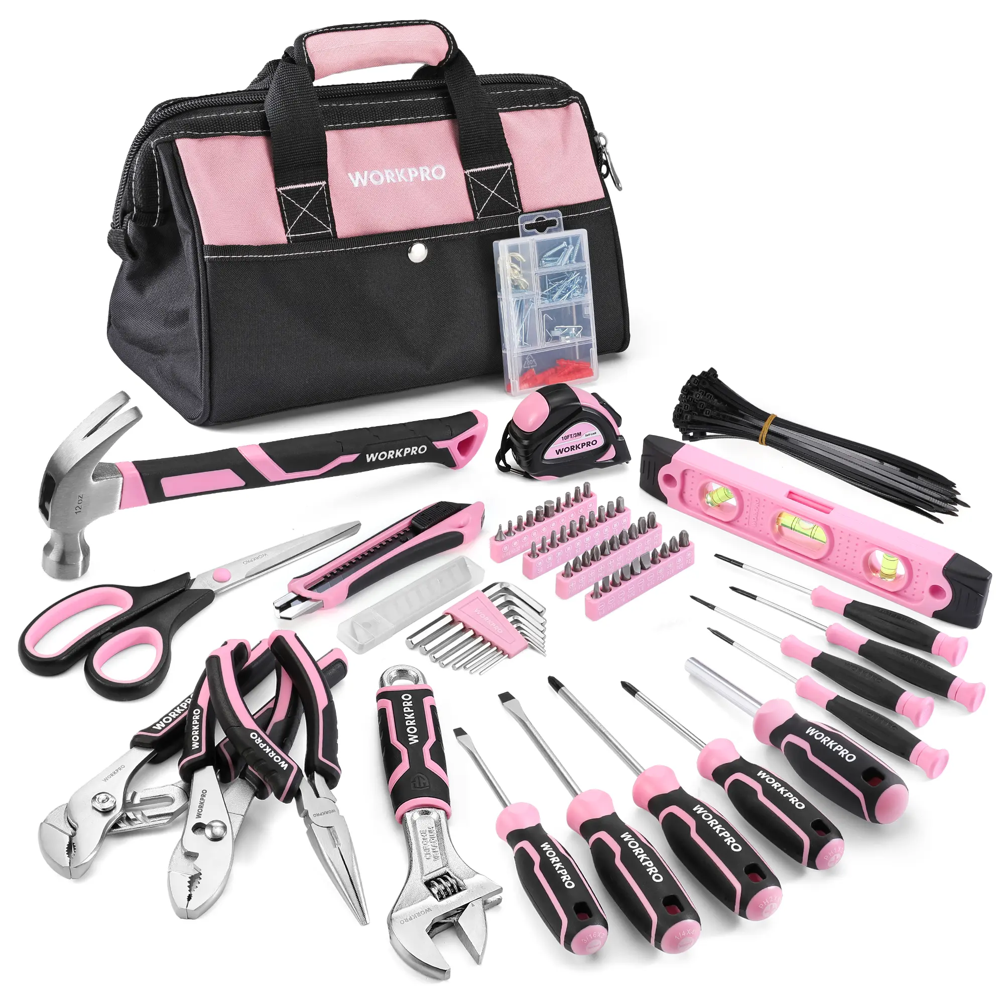 #summersale WORKPRO Pink Tool Set, 277 PACKS Home Repairing Tool Kit, Pink Tool Bag with 13-Inch Wide Mouth Open Storage Bag, Portable Home Tool Kit Including Hammer, Screwdriver, and Household Tools - Pink Ribbon