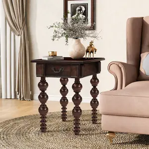 Solid Wood End Table with Drawer, Easy Assembly Vintage Narrow Sofa Side Table for Living Room, Espresso
