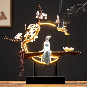 Ceramic Maid Wood Backflow Incense Burner with 20 Cone USB Led Light Circle Lotus Buddha Beads Home Office Decoration Furnishing