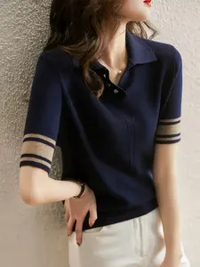 New Fine Knit Polo Shirt T-Shirt for Women, Spring & Fall Versatile Stylish Short Sleeve Bottom Layer Top, Casual Fashion