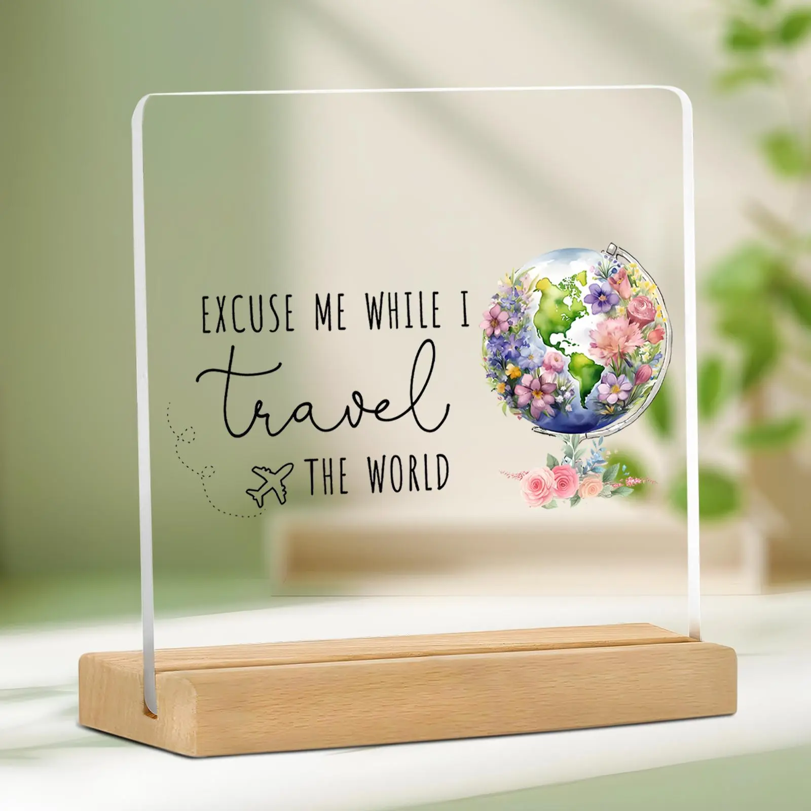 Travel Themed Acrylic Plaque, Flower & Letter Pattern Clear Desktop Ornament, Decorative Plaque for Home Office, Gift for Friend & Family, Signs
