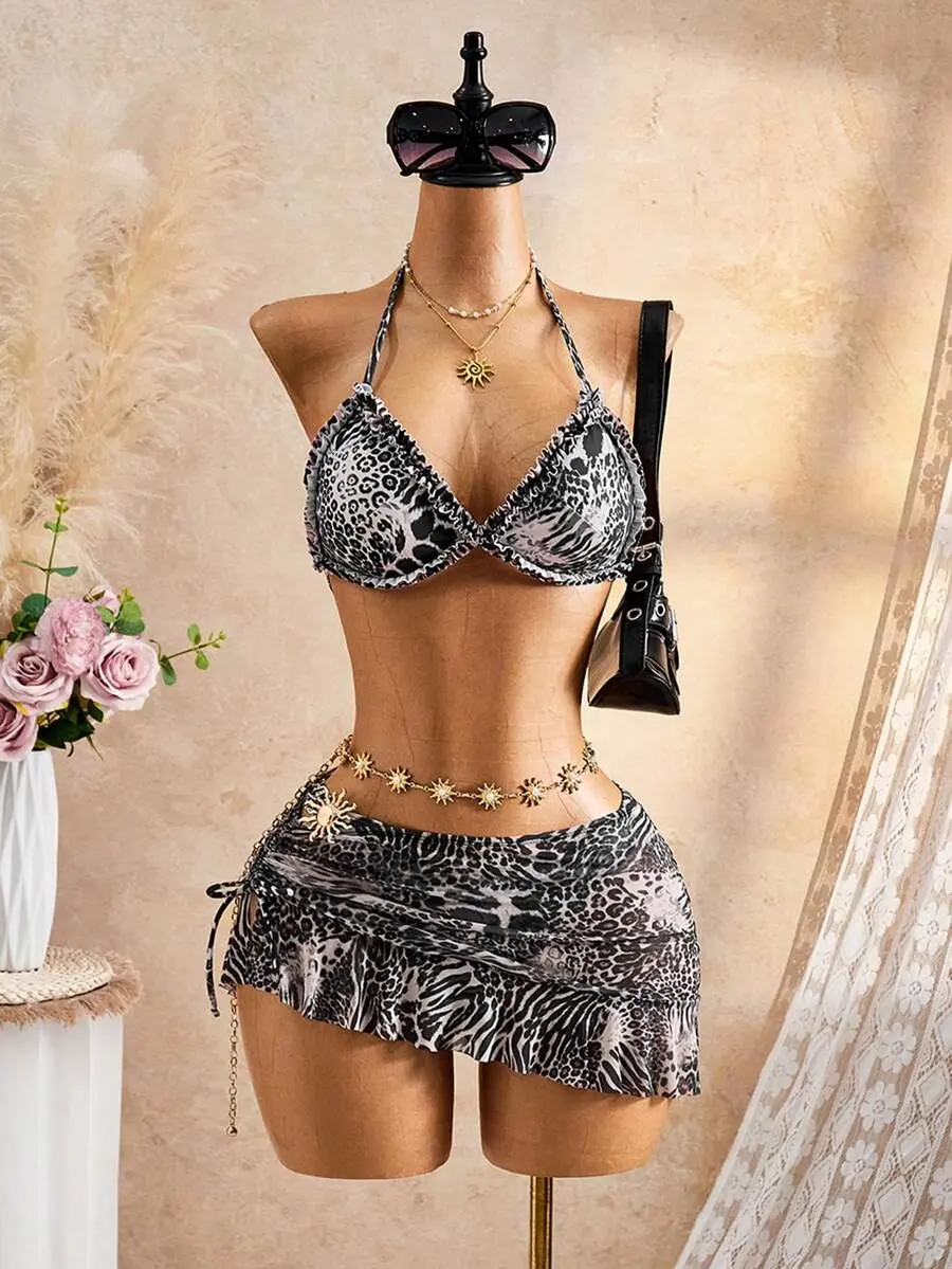 SEEMA Women's 3-Piece Leopard Print Random Pattern Summer Sexy V-Neck Halter Tie Frill Trim Halter Top, Triangle Bikini Bottom, And Tiered Skirt Swimsuit Set