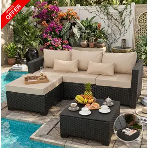 3 Pieces Modern Outdoor Sectional Patio Furniture Set – All-Weather Wicker Sofa with Ottoman & Storage Table