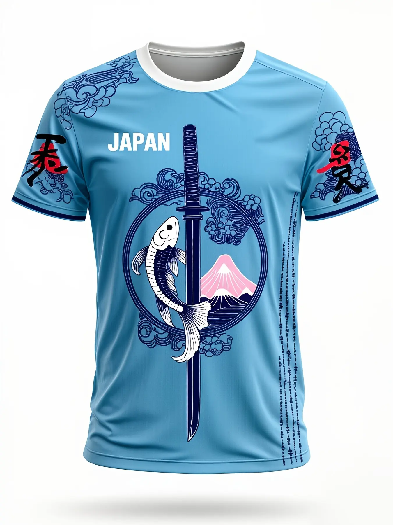 Men's Stylish Athletic Football Jersey, Light Blue Polyester Shirt with Japanese Fuji, Koi & Katana Print for Soccer Fans & Casual Wear, Stylish Jersey, Athletic Jersey Football