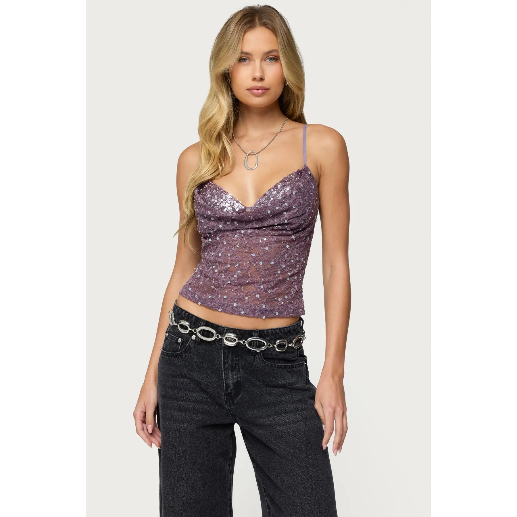 Sequin Layered Bra Cowl Neck Top Sequin Layered Bra Cowl Neck Top