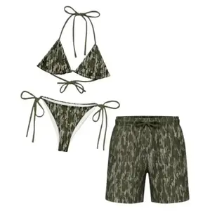 Hugh Design Reminder Gray Camo Matching Couple Swimsuits Set, BF and GF Matching Swimsuits, BF and GF Swimsuits, Camo Bikini Set for Women, Matching Duck Camo Swimwear Set for Couples, Couple Trendy Camo Bikini And Short, Summer Beach Vacation Outfit