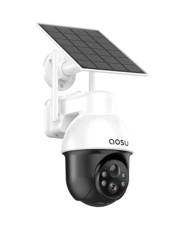 AOSU Solar Security Camera Wireless Outdoor with Panoramic PTZ, Human Auto Tracking, 2K Night Vision, Light and Sound Alarm, 2-Way Audio, Compatible w