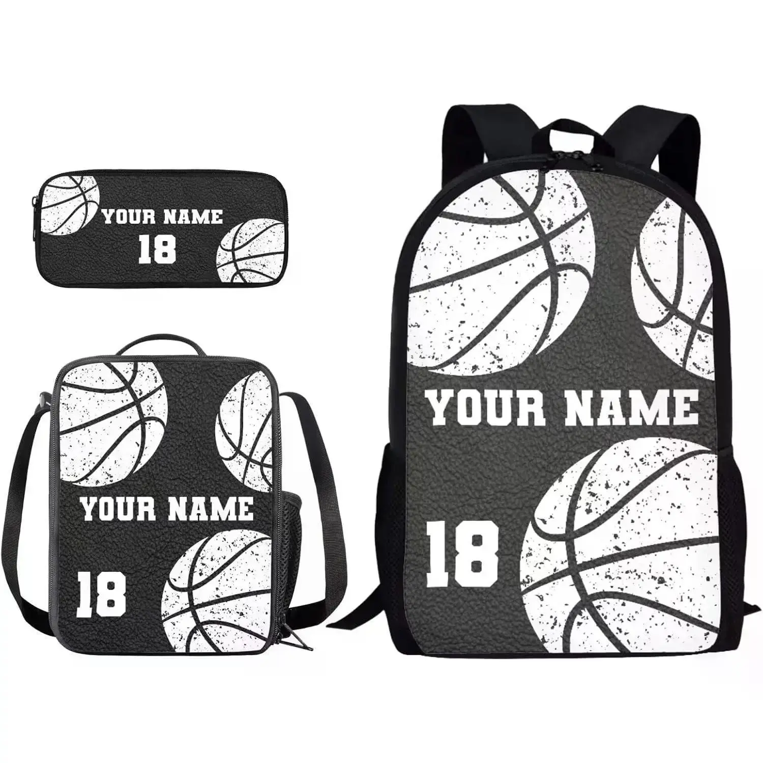 Personalized Basketball 3-Piece Backpack Set with Lunch Box & Pencil Case, Durable 600D Oxford School Bag, Breathable Adjustable Straps, Fits 15-Inch Laptop for Kids & Teens