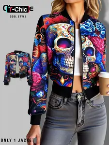 Women's Colorful Skull Print Casual Knit Jacket, Fitted Style, Moderate Fabric Thickness, All Seasons Wear, Perfect for Daily & Halloween