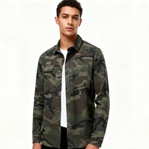BINDEFON Men's Camouflage Printed Denim Shirt Button-Front Long Sleeve Streetwear Menswear Outfit with Patch-Pocket All-Season Christmas New Year Party Look