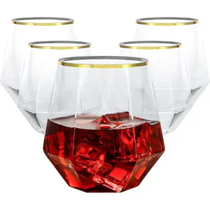 40 PCS Diamond Stemless Plastic Wine Whiskey Glasses, 12 Oz Disposable Cocktail Glasses, Suitable for Weddings, Birthday Parties, Family Gatherings, Bars, etc (Gold rimmed cups)