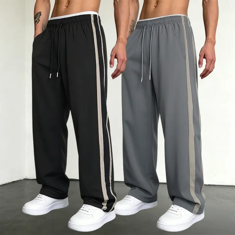 Men's Retro Colorblock High-Street Sweatpants - 2PCS Gym Activewear, Sport Chic, Sporty Retro Look, Drapey Loose Fit, Stripe Patchwork, Lightweight, Multi-Color for Spring & Summer, Male Clothing, Men's Sweatpants, Loose Baggy, Fashion Apparel, Tracksuit,